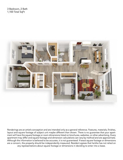 Floor plan for 3 beds, 2 baths, 1100 sqft
